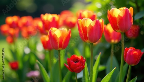 Vibrant tulips, blooming roses, lush green foliage, floral, detail