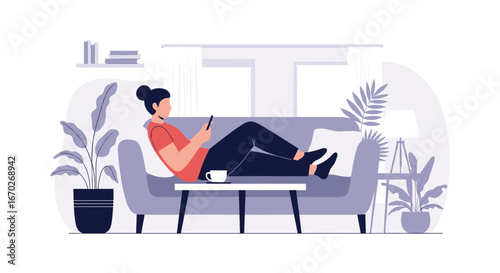 Relaxing person using smartphone on sofa with coffee table and plants in a cozy living room