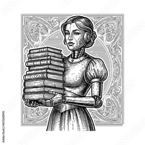 Vintage illustration of a female robot holding a stack of books