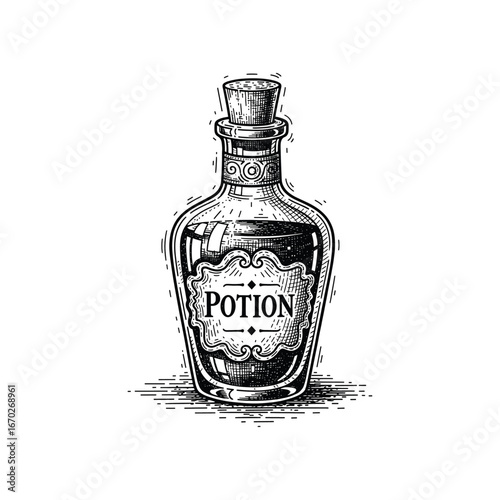 Vintage illustration of a corked glass bottle with a label