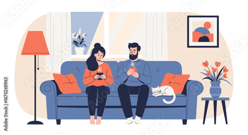 Couple enjoying leisure time together playing games on their phones while relaxing on the couch