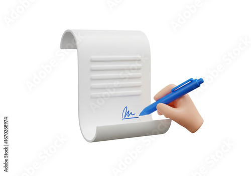 3D Cartoon Hand Signing Contract with Pen. Business Agreement, Official Document, Legal Paperwork, E-Signature Concept Icon