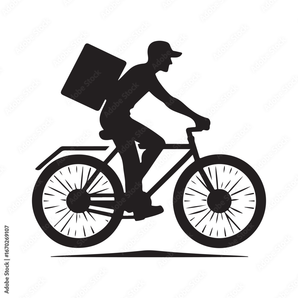 Naklejka premium Delivery person with bike vector silhouette outline logo design concept illustration
