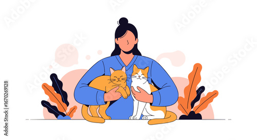 Caring cat owner holding two adorable felines in her arms surrounded by plants