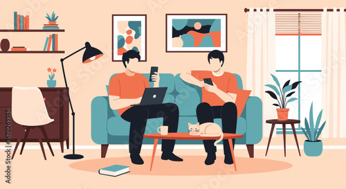 Two young men relaxing together indoors with laptops phones and a pet cat