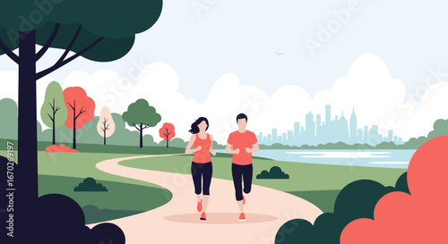 Two people jogging together on a sunny day in a beautiful park with a lake and city skyline view