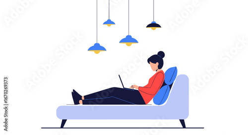 Woman relaxing on sofa using laptop with lamps above her