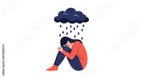 Person sitting curled up under a dark rain cloud feeling sad and distressed