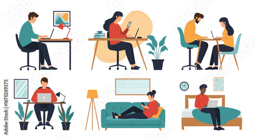 Illustrations of people working remotely from various home locations