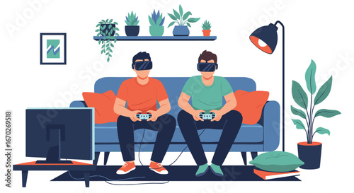 Two friends enjoying immersive virtual reality gaming experience together at home