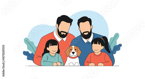 Happy family of two fathers two daughters and a dog enjoying time together