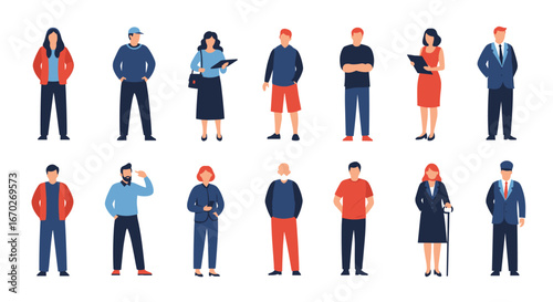 A diverse group of people standing together showing different ages and styles