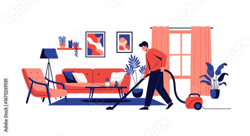Man vacuuming living room floor keeping home clean and tidy