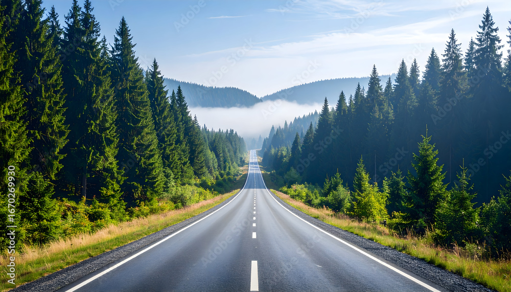 Asphalt Road Through Lush Green Forest Leading to Misty Mountains Asphalt Road Through Lush Green Forest Leading to Misty Mountains