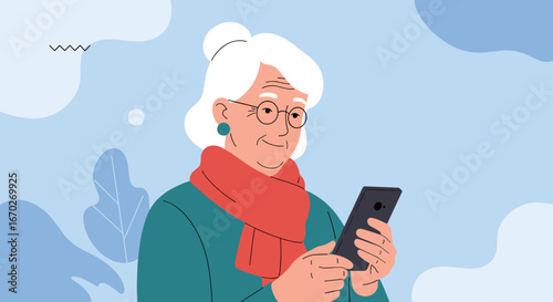 Elderly woman using smartphone joyful connection through technology and digital world understanding