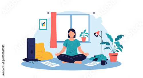 Person meditating for mental wellness at home office desk setup