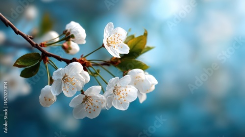 Delicate white cherry blossoms bloom vibrantly against a soft blue background, symbolizing the beauty of nature and the transient nature of life in springtime.