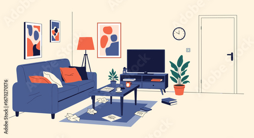 Cozy living room interior with furniture and decor elements depicted in a charming illustration style
