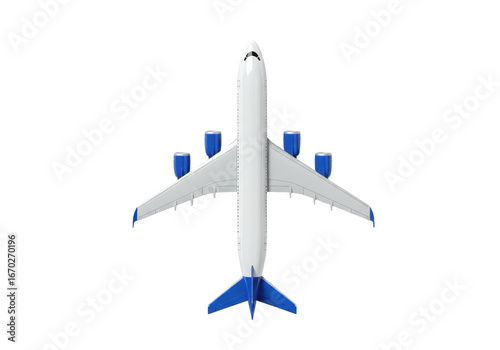 Foto Isolated wide-body aircraft airliner with engines overhead, aerial view, transpo