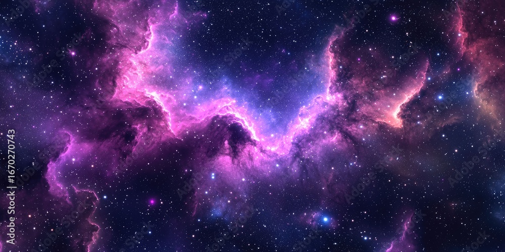 Fototapeta premium Shimmering cosmic mist of purples and pinks surrounded by radiant starlight