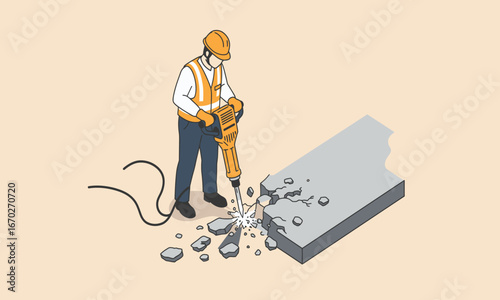 Skilled worker operating heavy hydraulic construction equipment to meticulously break a flat concrete slab on a busy industrial site