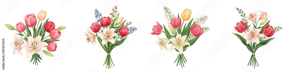 Fototapeta premium Set of isolated spring flowers (tulips, lilies) in elegant bouquets 