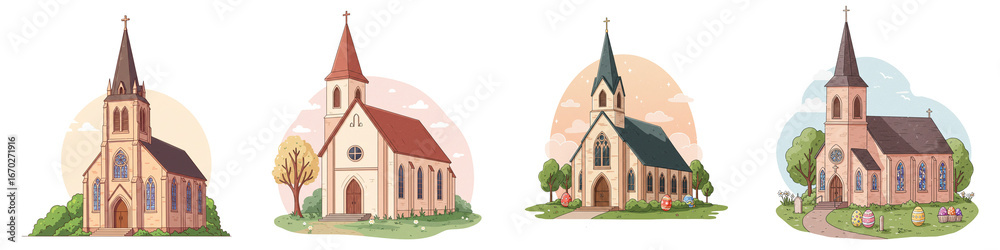 Naklejka premium Set of isolated colorful church illustrations in various styles 