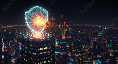 Abstract representation of a powerful shield breaking apart with energetic sparks and lightning, symbolizing digital security, data protection, and resilience against cyber attacks