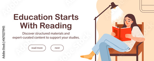 Educational banner with female student reading. Suitable for social media, advertising, web marketing, and online learning promotion. Flat vector illustration.