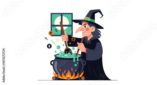 Wicked Witch Brewing Potion in Cauldron Over Fire