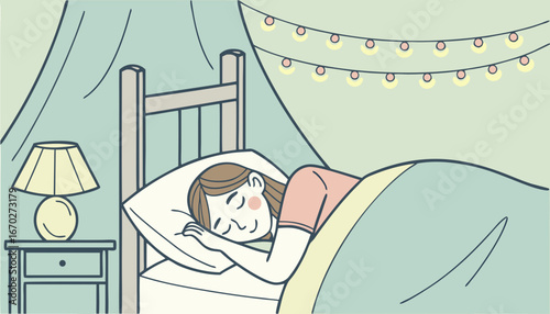 Young woman sleeping with lights on vector illustration. Soft lighting from table lamp and string lights for peaceful atmosphere and healthy sleep. Interior design, sleep environment concept