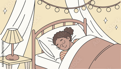 Young woman sleeping with lights on vector illustration. Soft lighting from table lamp and string lights for peaceful atmosphere and healthy sleep. Interior design, sleep environment concept
