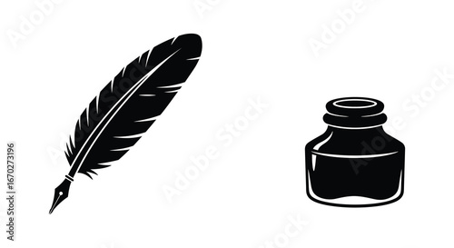 Quill pen and inkwell illustration in black and white for writing or drawing