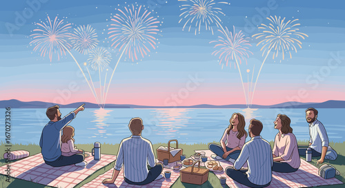 Family and friends enjoy a beautiful fireworks display over the lake at sunset