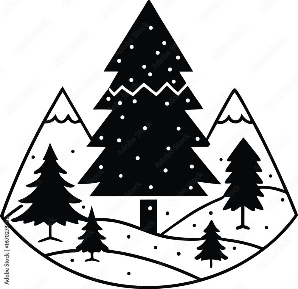 Obraz premium A black and white silhouette depicts a cozy cabin with a mountain backdrop, framed by three stylized pine trees.