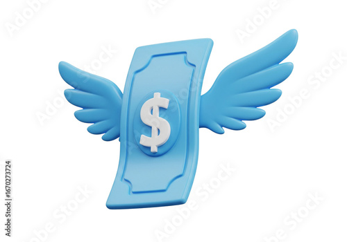 Money with Wings 3D Render: Concepts of Financial Freedom, Loss, Investment, and Rapid Spending