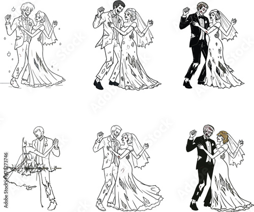 Zombie bride and groom dancing, spooky wedding celebration illustration, undead couple romance, Halloween horror theme, gothic vector characters, cartoon art.