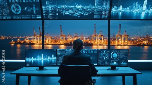 Man in Dark Suit Analyzing Cityscape Data on Multiple Screens at Night