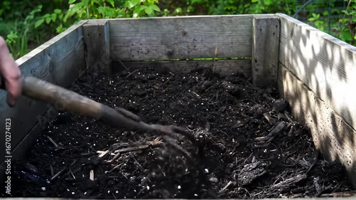 Wallpaper Mural Soil being turned in a wooden compost bin by a person with a garden fork Torontodigital.ca