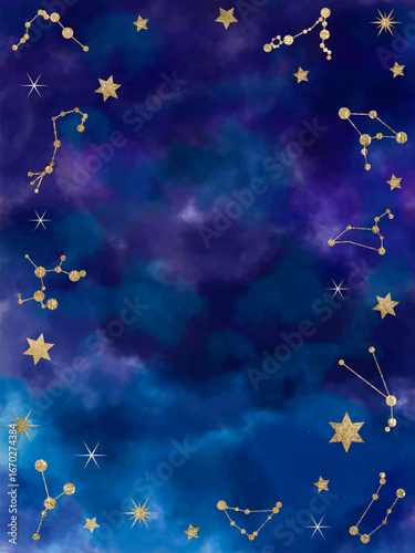 Night sky vector illustration with golden constellations and stars on a deep blue cosmic background. Perfect for zodiac, astrology