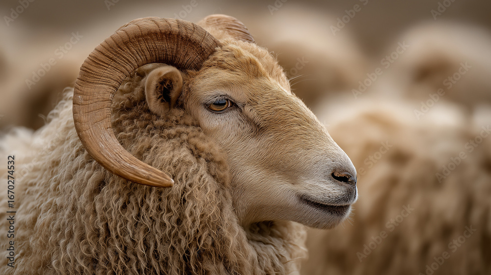 Fototapeta premium “Ouessant Sheep Ram Portrait with Horns – Breton Dwarf Sheep”