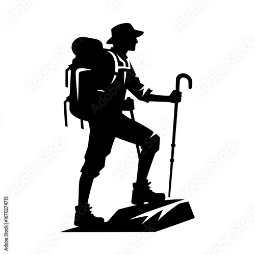 Hiker with Backpack and Walking Stick black vector icon with transparent background 