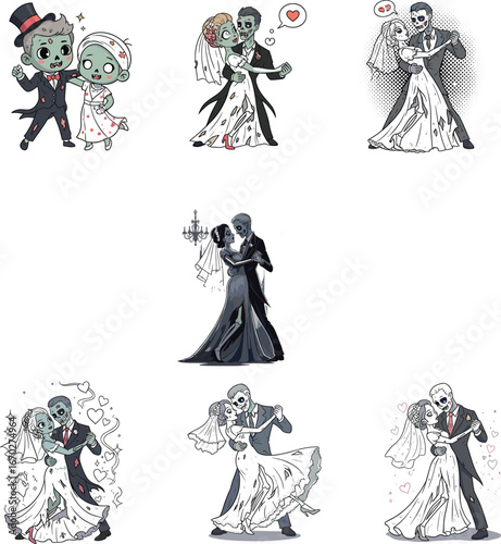 Zombie wedding couple dancing, gothic undead bride and groom celebration, spooky romantic illustration, horror themed love story, Halloween character vector.