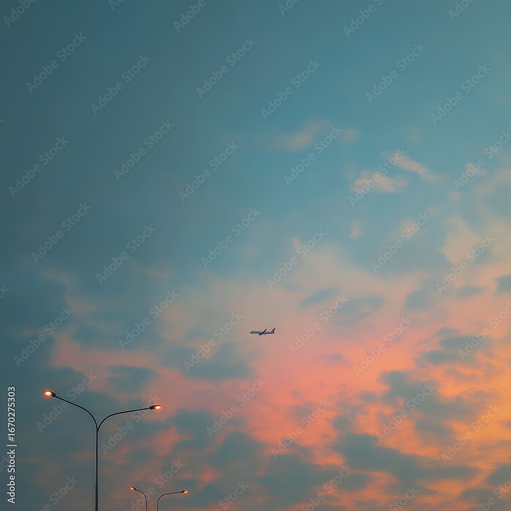 Obraz premium Soft gradient sky above solitary plane on quiet evening taxi route