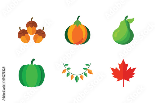 Collection of nature and foliage bundle, Fall and seasonal vector illustration isolated on white background.