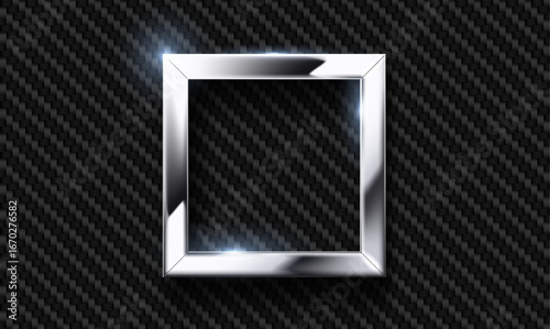Vector chrome metal square frame on carbon fiber material tech background. Stainless steel, shiny silver metallic rectangular frame. Industrial wallpaper