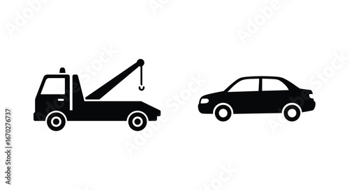 Tow Truck Hooking Up a Car Silhouette for Roadside Assistance and Breakdown