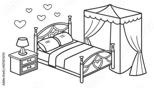 Simple line icon of bed, symbolizing comfort and intimacy, ideal for wedding and marriage-related themes in invitations or decorations