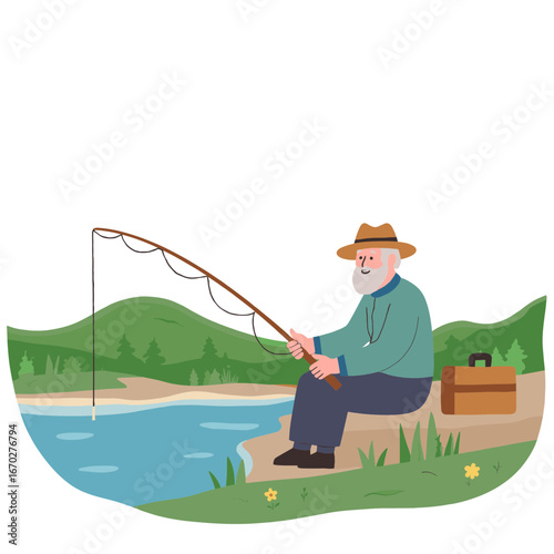 Elderly man fishing at lake. Senior enjoying quiet fishing time. Old man with fishing rod by water. Peaceful lakeside hobby for retirees. Elderly set
