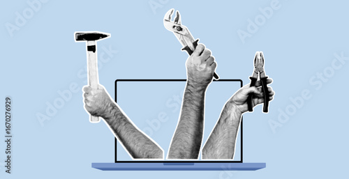 Handyman services. Human hand in dotted pop art style. Retro halftone collage elements pliers, wrench, hammer tools and laptop on blue background. Repairing Service App banner with copy space